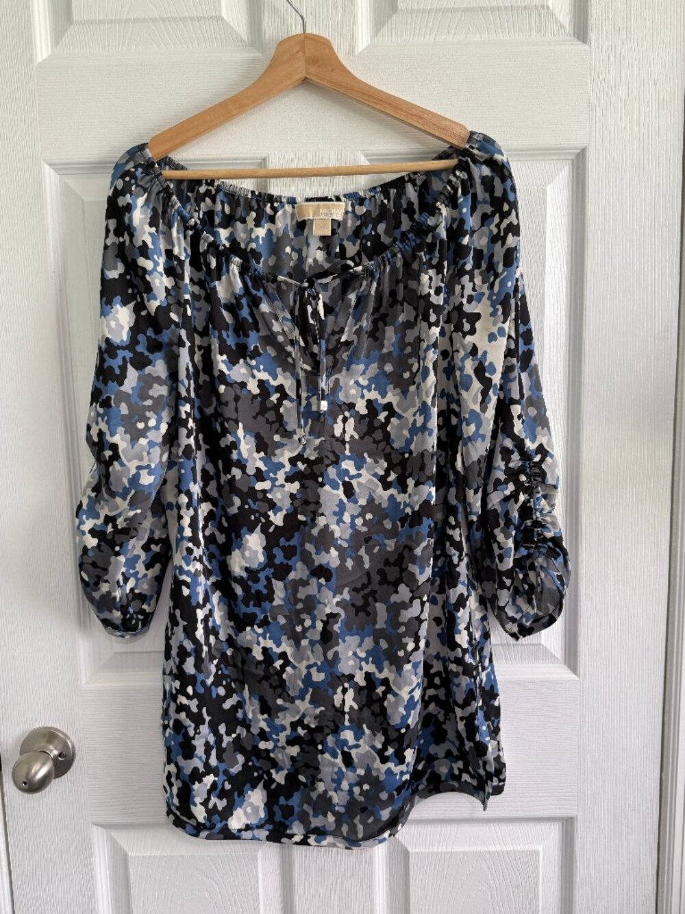 Michael Michael Kors Womens Medium Blue Camo Blouse Long Sleeves